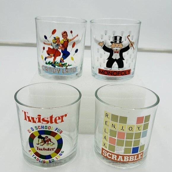 Hasbro Other - Hasbro Gaming Drinking Glass Set of 4 Twister Candy Land Scrabble Monopoly NIB